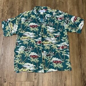 Utility Shirt Mens Medium Green Floral Print Button Up Beach Short‎ Sleeve